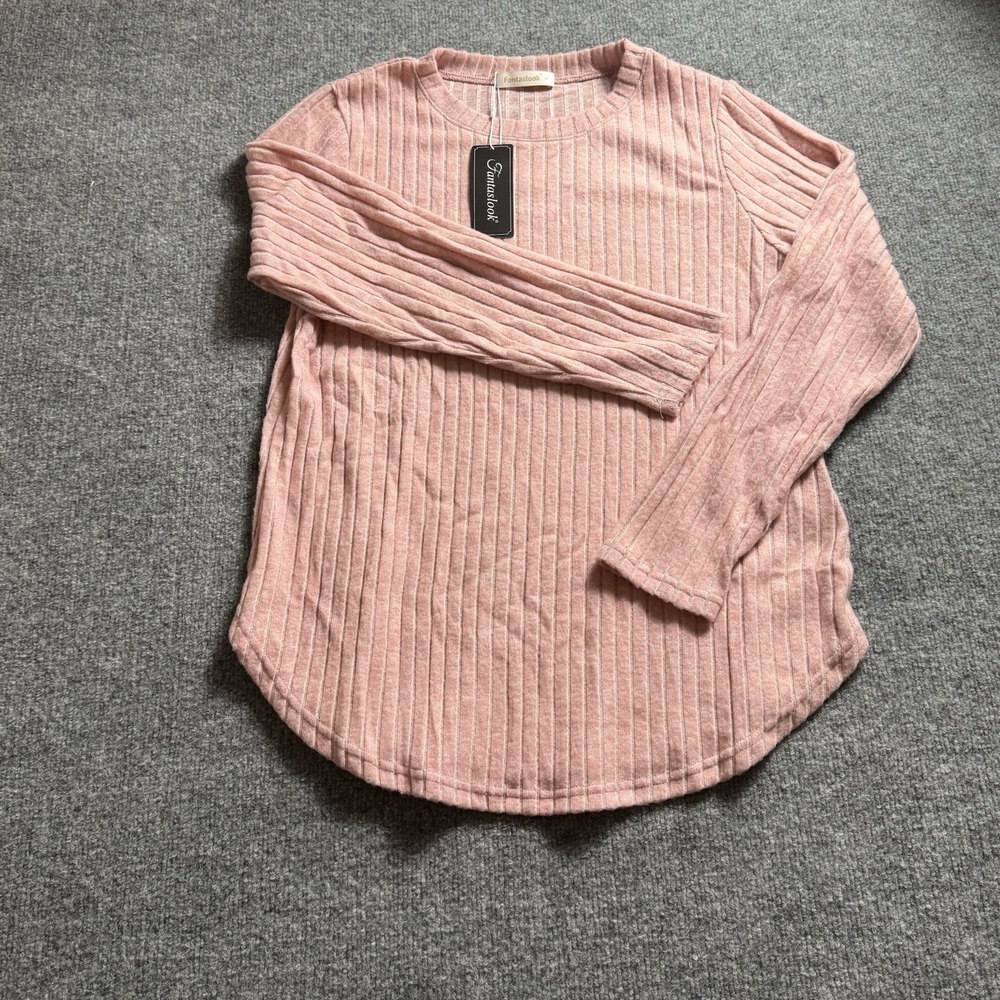 Fantaslook Womens Ribbed Knit Long Sleeve Top Crew Neck Curved Hem Pink New NWT